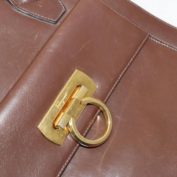 Salvatore Ferragamo Gancini Hand Bag Leather 2way Brown Gold Auth - Picture 8 of 16